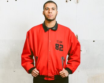 Vintage BOMBER Jacket . 80s Men's Varsity Sports 1980s Jacket Flight Aviator Red USA University Outerwear 1970s . Small Medium Large