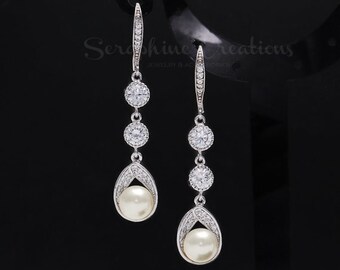 Bridal Pearl Earrings Wedding Jewelry Teardrop Pearl Earrings Long Dangle Cubic Zirconia Swarovski Bridesmaid Gift Classic Astra K148
