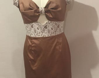 Brown Sateen & Lace Dress with Gathered Front and Keyhole