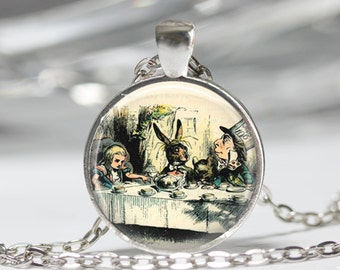 Alice In Wonderland Jewelry A Mad Tea Party Mad Hatter March Hare Fairy Tale Art Pendant in Bronze or Silver with Link Chain Included