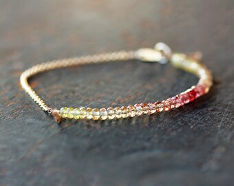 Saffron Sapphire Beaded Bracelet, Ombre Bracelet, Genuine Gemstone Color Spectrum, Ombre Jewelry, Bright Yellow Deep Red, 14k Gold Filled
