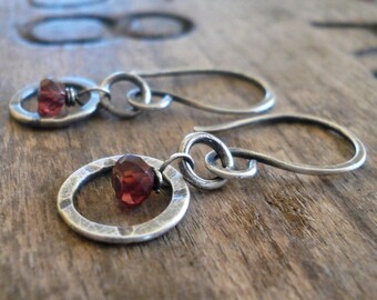 Halo Earrings - Handmade. Gemstones. Oxidized, Hammered Sterling Silver