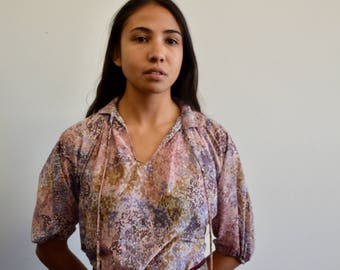70s Crop Keyhole Peasant Blouse, Petites By Verona Three Quarter Sleeve Billowy Bohemian Floral Top, Sz M