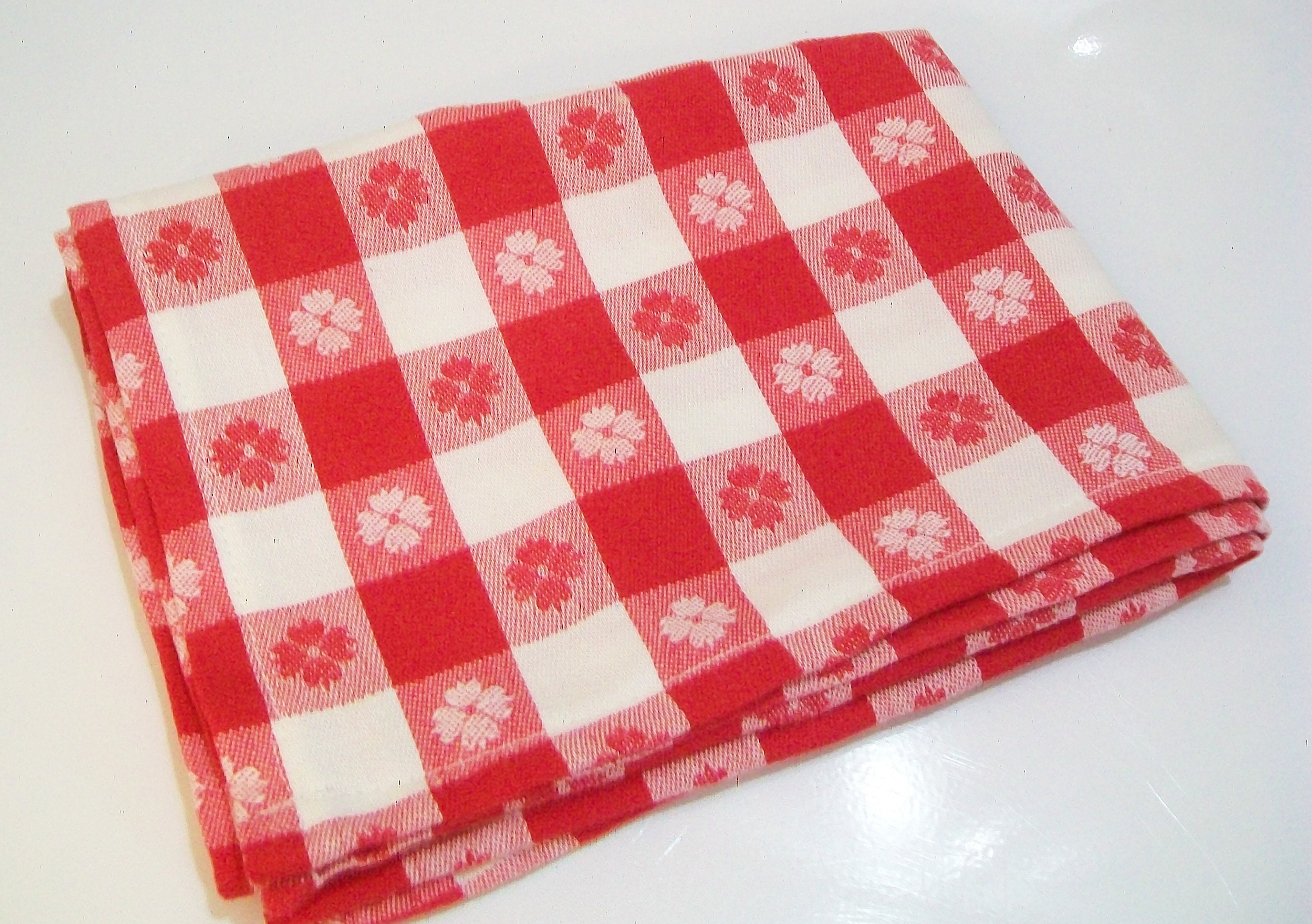 1950s Kitchen Towel Red White Checked Woven Fl Zoom