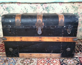 Antique Black Metal Trunk with Wood Straps Lift Out Tray