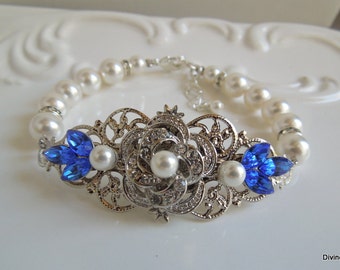 pearl bracelet, Pearl Bridal bracelet, wedding rhinestone bracelet, pearl crystal bracelet, Swarovski bracelet, wedding cuff, ROSELANI