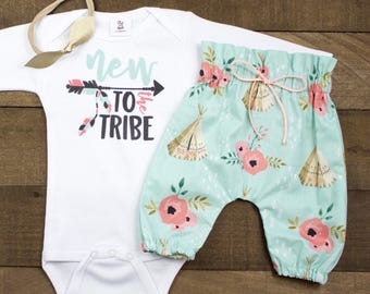 Coming Home Outfit for Baby Girls | Teepee High Waisted Pants New To the Tribe Outfit | High Waisted Pants and Knotted Headband
