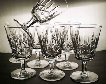 Set of 8 Vintage 1950s French Cristallerie Lorraine Lemberg Clear Hand Cut Crystal Stemmed Drinking Glasses
