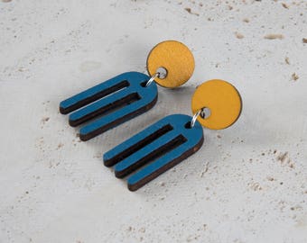Mustard Yellow, blue wooden earrings