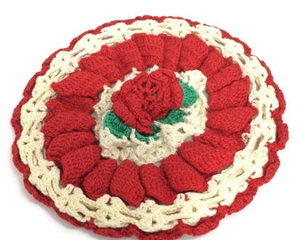 Vintage Doily Red Rose Crochet Christmas Holiday Scalloped Edge Handmade Retro Decor