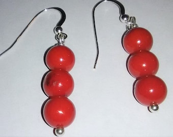 Red Coral Sterling Silver Gemstone Earrings 1.6 inches tall