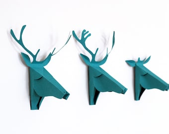 set of 3 faux deer head, faux taxidermy , greeting card, turquoise