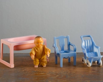 Renwal Baby & Potty Chair, Thomas Toy Stroller, and Bathinette - 1:16 / 3/4 Inch Scale Vintage Plastic Dollhouse Furniture