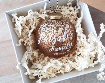 Personalized FAMILY CHRISTMAS ORNAMENT gift with calligraphy - One (Gold Ornament, Glass, personalized ornament)