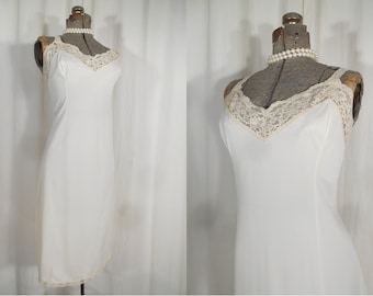 Vintage 1960s Slip - XL White Slip, Plus Size Lingerie, Long White Lace Full Slip