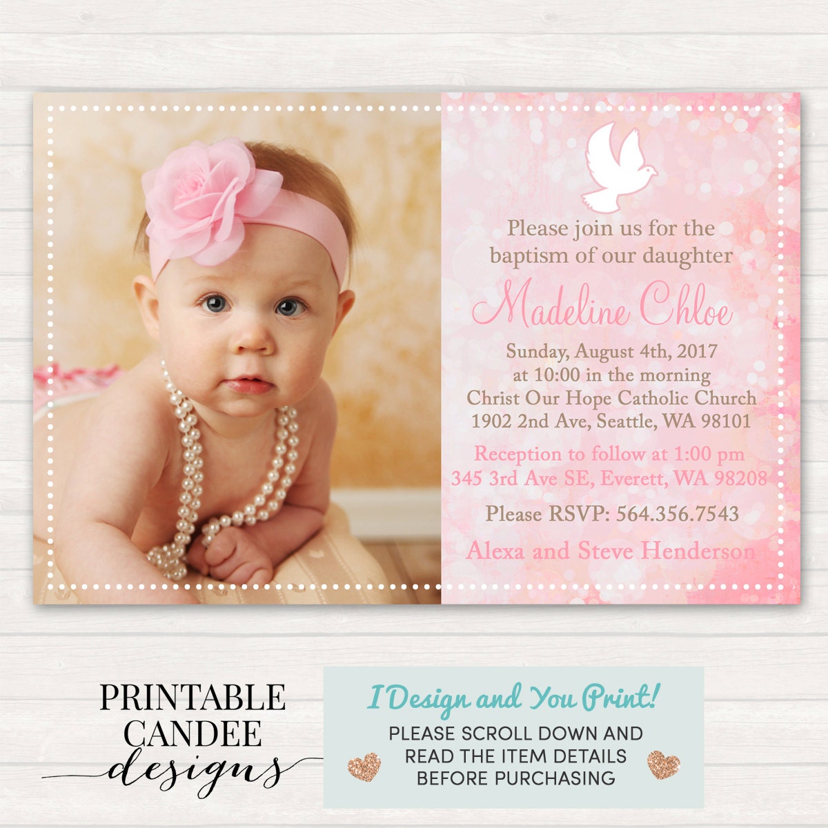 Pink Baptism Invitation Dove Christening Invitation Pink