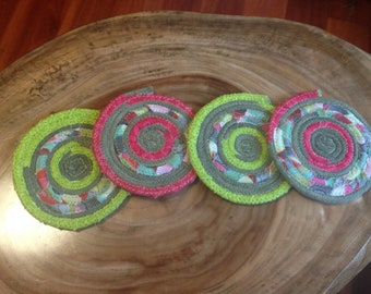 coiled rope coasters, rope coasters, coiled fabric mug rug, hand-dyed boho