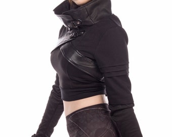 Plutonium, cyberpunk, anime inspired cropped jacket with cowl neckline by Plastik Wrap. All sizes.