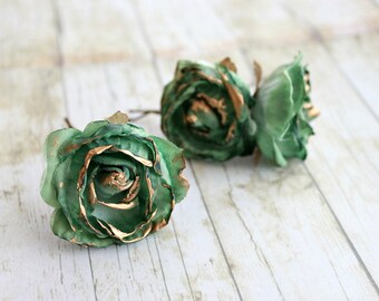 Emerald and Gold Rose Flower Hair Pins.Weddings. Bridesmaids, Floral, Hair Accessories. Green Rose, emerald flower hair clip, fall, autumn