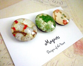 Round Glass Magnet set - Red and Green Japanese Paper Collection