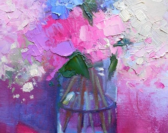 Flower Painting, Floral Still Life, Hydrangea Painting, Palette Knife Painting, 6x8" Oil Painting, Free Shipping in US