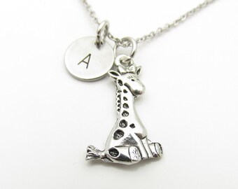 Giraffe Necklace, Baby Giraffe Necklace, Personalized, Monogram, Initial Necklace, Antique Silver Giraffe, Animal Themed Jewelry Y383