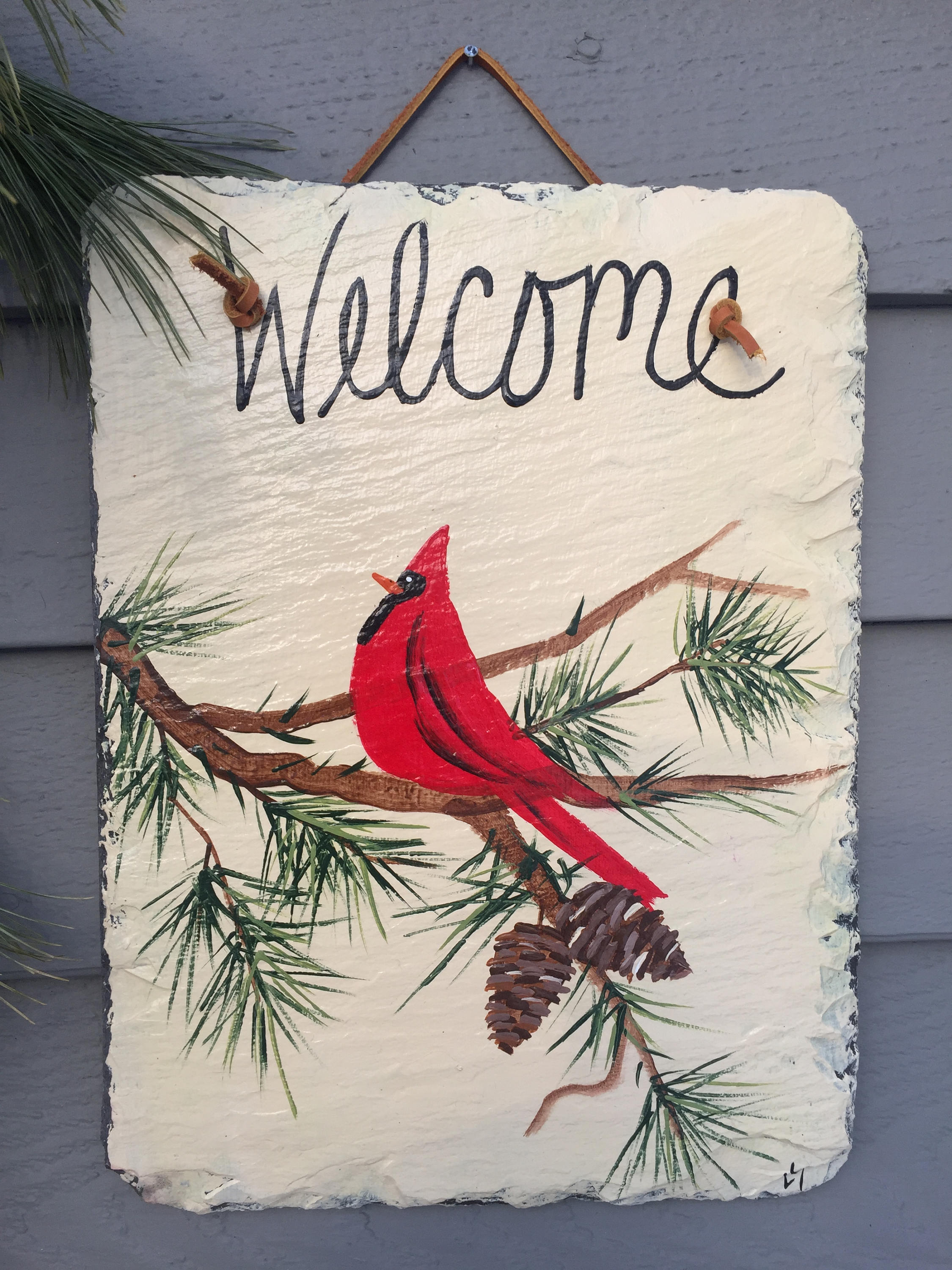 Cardinal welcome sign Cardinal Winter Slate Door hanging