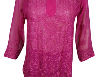 Embroidered Women's Georgette Bikini Cover Up Beachwear Ethnic Beautiful Pink Tunic Blouse Top S/M