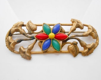 Art Nouveau Brooch Trumpet Flowers Glass Beads