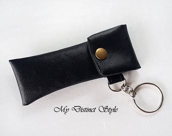 Men's Black Faux Leather Fabric Lip Balm Holder with Keyring, Lip Balm Cozy, Chapstick Holder