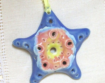Handmade Porcelain Hanging Starfish Garden Ornament Tropical Beach Bright, Blue, Orange, Yellow