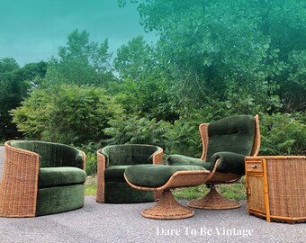 Rare Mid Century Modern Woven Wicker Rattan Lounge Barrel Chairs ~ Bohemian Rattan Chairs ~ Milo Baughman Style Swivel Lounge Barrel Chair