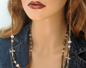 Crystal Cross Eyeglass Chain, Beaded Necklace, Eyeglass Chains, Glasses Chain, Eyeglass Holder, Beaded Eyeglass Chain, Cross Chain, EH011