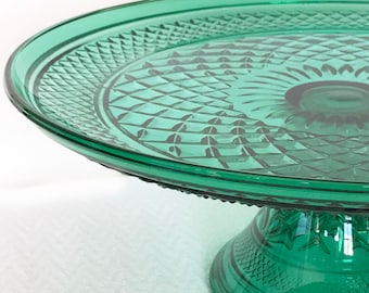 Anchor Hocking Wexford Diamond Cut Green Glass Cake Stand