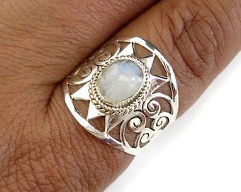 Moonstone Spiral Filigree Wide Ring, Moonstone Ring, Statement Ring, Birthstone Ring, Long Ring, Boho Rings, Gemstone Ring, Mistry Gems, R2M