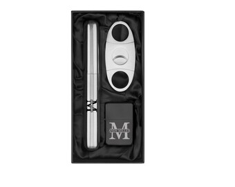 Engraved Stainless Steel Cigar Tube Flask, Cutter, Black Lighter Personalized Custom Groomsman Best Man Groom Wedding Party Block Initial