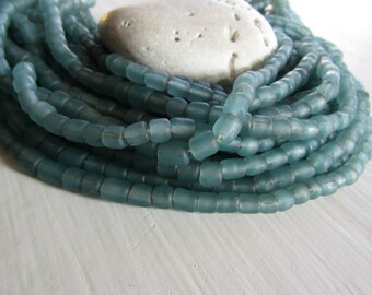 small matte blue green bead, transparent glass bead, irregular barrel tube spacer, New Indo-pacific 3 to 6 mm / 22 inche strand - 7ab29-31