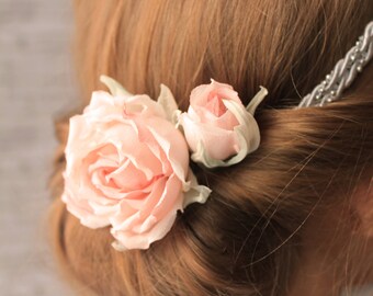 Rosen Haarschmuck Set Rose und Knospe Haarnadeln oder Haarklammer, Hochzeitsfrisur, Brautschmuck, Brautfrisur, altrosa, rose bourbon vintage