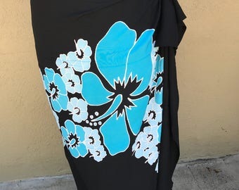 Black, turquoise andlight blu premium pareo. Fringeless. Tahitian pareo. Hibiscus print