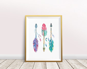 Boho Chic Nursery Wall Art, Boho Tribal Nursery, Arrows and Feathers Printable, Above Crib Decor, Kids Room Decor, Instant Download