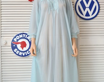 Sheer Womens Vintage Robe Arctic Blue & Poofy Sleeves Lace Trimmed Medium Flowing Full Length Texsheen MW Nylon Theater Costume Lingerie 60s