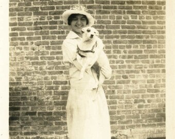 Vintage photo 1917 Young Pretty Woman Holds White Dog Bullseye Look on Roof