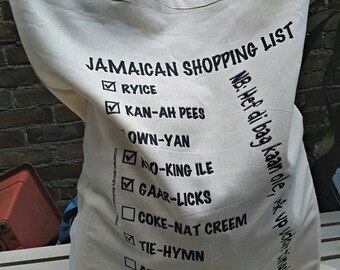 Large Eco Friendly Grocery/Supper Market Tote Bag: Jamaican Shopping Lists, Print on both sides. Ideal Shopper, Home Storage & Gifting