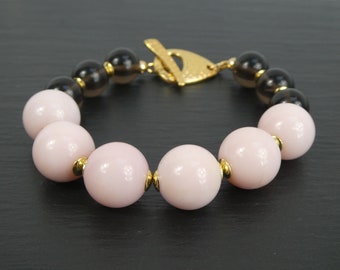 Chunky Gemstone Bracelet Pink Opal Smokey Quartz Beaded Bracelet with Gold Toggle Statement Bracelet Bridesmaids Gift for Her Handmade