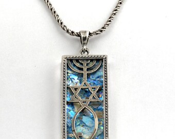 Roman Glass Necklace with Grafted-in design in Silver