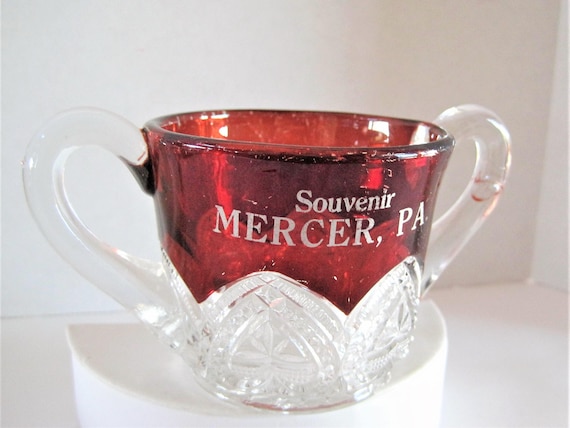 Ruby Glass Sugar Bowl, Double Handles, Souvenir Mercer, PA, Holiday decor, Red Glass