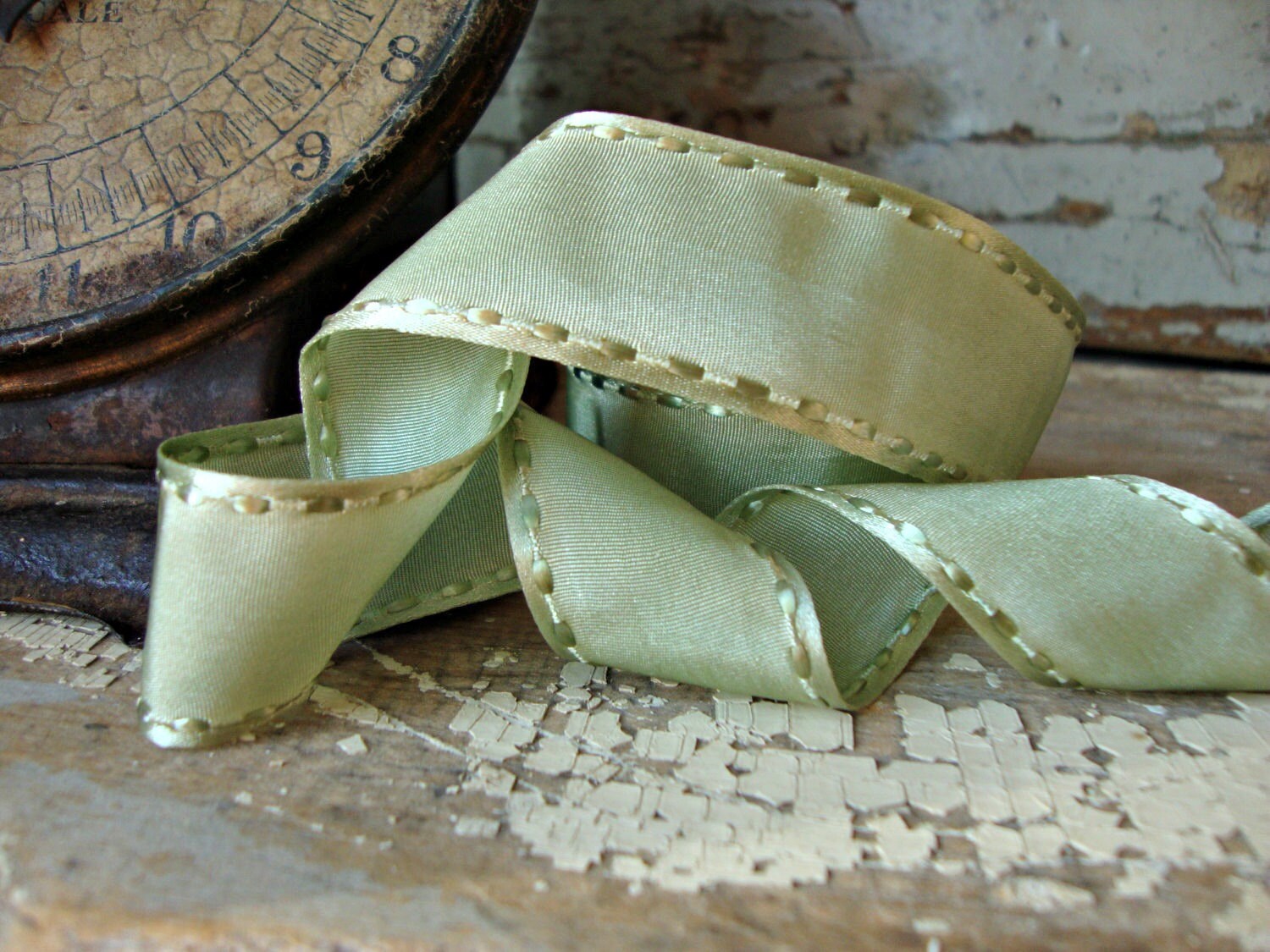 2 Yards Sage Green Satin Stitch Edge Ribbon