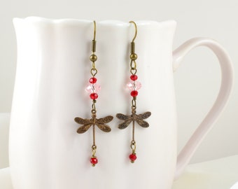 Dragonfly Crystal Earrings - Crystal Dangle Earrings - Bronze Dragonfly Earrings - Pink Crystal Earrings - Art Nouveau Earrings E1031