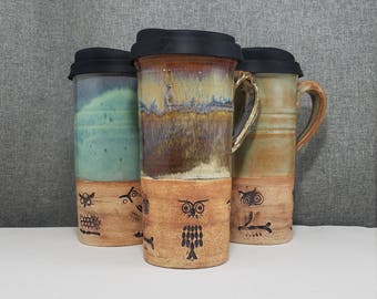 IN STOCK* Pottery Travel mug / Commuter mug with silicone lid - Acorn - Turquoise - Owls