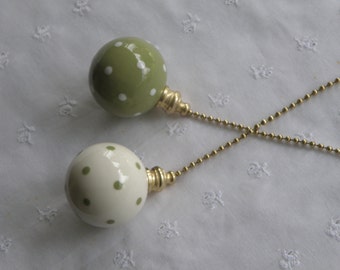 Set of Ball Style Pottery Ceiling Fan/Light Pulls (Ceramic) - Sage Green and White Polka Dotted - Made in the USA